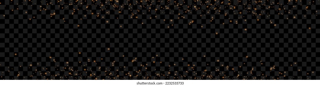 El dorado aleatorio marca el fondo de la Navidad. Delgadas copas de nieve volando y estrellas en un fondo negro. Fascinante plantilla de superposición de copos de nieve de invierno.