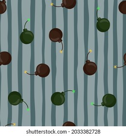 Random green and brown colored bomb silhouettes seamless pattern. Blue pale striped background. Perfect for fabric design, textile print, wrapping, cover. Vector illustration.