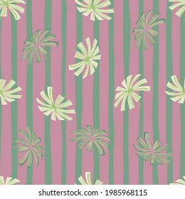 Random green doodle palm licuala leaf seamless foliage pattern. Pink and green pastel striped background. Designed for fabric design, textile print, wrapping, cover. Vector illustration.