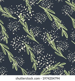 Random green herbal twigs silhouettes seamless pattern. Navy blue background with splashes. Perfect for fabric design, textile print, wrapping, cover. Vector illustration.