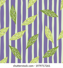 Random green leaf silhouettes seamless doodle pattern. Navy blue striped background. Spring artwork. Decorative backdrop for fabric design, textile print, wrapping, cover. Vector illustration.