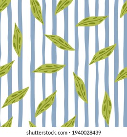 Random green leaves seamless pattern in hand drawn style. White and blue striped background. Decorative backdrop for fabric design, textile print, wrapping, cover. Vector illustration.