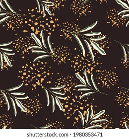 Random green minimalistic leaves seamless nature pattern. Hand drawn ornament. Brown background with splashes. Designed for fabric design, textile print, wrapping, cover. Vector illustration.