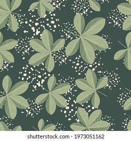 Random green scheffler flowers, seamless pattern in doodle style. Background with splashes designed for fabric design, print, textile print, wrapping, cover. Vector illustration.