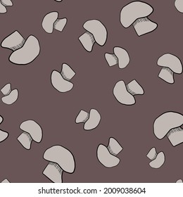 Random grey champignon silhouettes outline seamless pattern. Pale brown background. Vector illustration for seasonal textile prints, fabric, banners, backdrops and wallpapers.