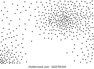 Random halftone. Pointillism style. Background with irregular, chaotic dots, points, circle. Abstract monochrome pattern. Black and white color. Vector illustration