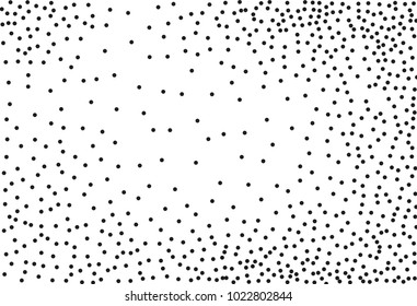 Random halftone. Pointillism style. Background with irregular, chaotic dots, points, circle. Abstract monochrome pattern. Black and white color. Vector illustration