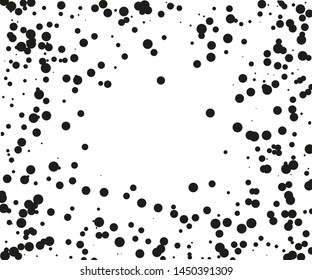 Random halftone. Pointillism style. Background with irregular, chaotic dots, points, circle of smakk and large scale. Abstract monochrome pattern. Black and white color. Vector illustration