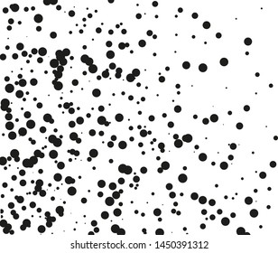 Random halftone. Pointillism style. Background with irregular, chaotic dots, points, circle of smakk and large scale. Abstract monochrome pattern. Black and white color. Vector illustration