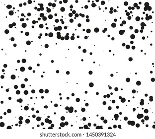 Random halftone. Pointillism style. Background with irregular, chaotic dots, points, circle of smakk and large scale. Abstract monochrome pattern. Black and white color. Vector illustration