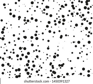 Random halftone. Pointillism style. Background with irregular, chaotic dots, points, circle of smakk and large scale. Abstract monochrome pattern. Black and white color. Vector illustration