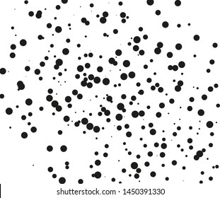 Random halftone. Pointillism style. Background with irregular, chaotic dots, points, circle of smakk and large scale. Abstract monochrome pattern. Black and white color. Vector illustration