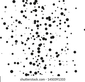 Random halftone. Pointillism style. Background with irregular, chaotic dots, points, circle of smakk and large scale. Abstract monochrome pattern. Black and white color. Vector illustration