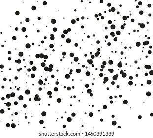 Random halftone. Pointillism style. Background with irregular, chaotic dots, points, circle of smakk and large scale. Abstract monochrome pattern. Black and white color. Vector illustration