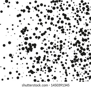 Random halftone. Pointillism style. Background with irregular, chaotic dots, points, circle of smakk and large scale. Abstract monochrome pattern. Black and white color. Vector illustration