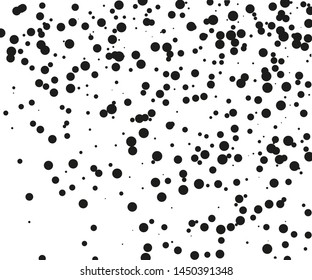 Random halftone. Pointillism style. Background with irregular, chaotic dots, points, circle of smakk and large scale. Abstract monochrome pattern. Black and white color. Vector illustration
