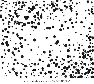 Random halftone. Pointillism style. Background with irregular, chaotic dots, points, circle of smakk and large scale. Abstract monochrome pattern. Black and white color. Vector illustration