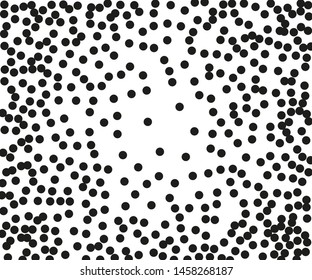 Random halftone. Pointillism style. Background with irregular, chaotic dots, points, circle. Abstract monochrome pattern. Black and white color. Vector illustration