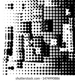 Random halftone. Pointillism style. Background with irregular, chaotic dots, points, circle. Abstract monochrome pattern. Black and white color. Vector illustration