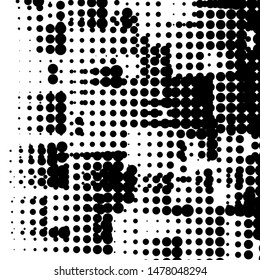 Random halftone. Pointillism style. Background with irregular, chaotic dots, points, circle. Abstract monochrome pattern. Black and white color. Vector illustration
