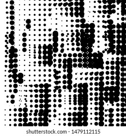 Random halftone. Pointillism style. Background with irregular, chaotic dots, points, circle. Abstract monochrome pattern. Black and white color. Vector illustration