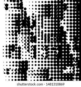 Random halftone. Pointillism style. Background with irregular, chaotic dots, points, circle. Abstract monochrome pattern. Black and white color. Vector illustration