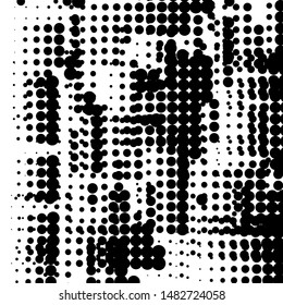 Random halftone. Pointillism style. Background with irregular, chaotic dots, points, circle. Abstract monochrome pattern. Black and white color. Vector illustration