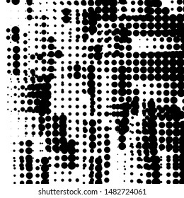 Random halftone. Pointillism style. Background with irregular, chaotic dots, points, circle. Abstract monochrome pattern. Black and white color. Vector illustration
