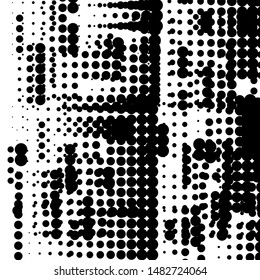 Random halftone. Pointillism style. Background with irregular, chaotic dots, points, circle. Abstract monochrome pattern. Black and white color. Vector illustration