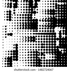 Random halftone. Pointillism style. Background with irregular, chaotic dots, points, circle. Abstract monochrome pattern. Black and white color. Vector illustration