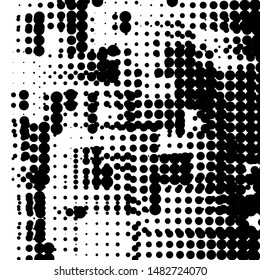 Random halftone. Pointillism style. Background with irregular, chaotic dots, points, circle. Abstract monochrome pattern. Black and white color. Vector illustration