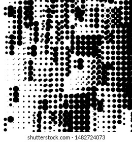 Random halftone. Pointillism style. Background with irregular, chaotic dots, points, circle. Abstract monochrome pattern. Black and white color. Vector illustration