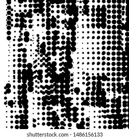 Random halftone. Pointillism style. Background with irregular, chaotic dots, points, circle. Abstract monochrome pattern. Black and white color. Vector illustration