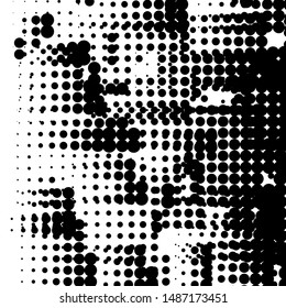 Random halftone. Pointillism style. Background with irregular, chaotic dots, points, circle. Abstract monochrome pattern. Black and white color. Vector illustration