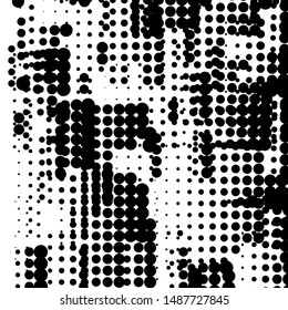 Random halftone. Pointillism style. Background with irregular, chaotic dots, points, circle. Abstract monochrome pattern. Black and white color. Vector illustration