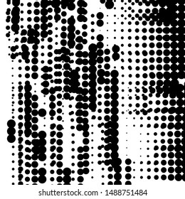 Random halftone. Pointillism style. Background with irregular, chaotic dots, points, circle. Abstract monochrome pattern. Black and white color. Vector illustration