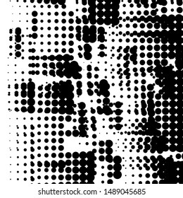 Random halftone. Pointillism style. Background with irregular, chaotic dots, points, circle. Abstract monochrome pattern. Black and white color. Vector illustration