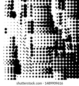 Random halftone. Pointillism style. Background with irregular, chaotic dots, points, circle. Abstract monochrome pattern. Black and white color. Vector illustration