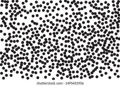 Random halftone. Pointillism style. Background with irregular, chaotic dots, points, circle. Abstract monochrome pattern. Black and white color. Vector illustration
