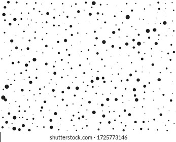 Random halftone. Pointillism style. Background with irregular, chaotic dots, points, circle. Abstract monochrome pattern. Black and white color. Vector illustration