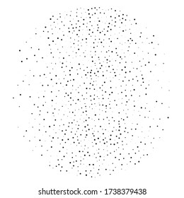 Random halftone. Pointillism style. Background with irregular, chaotic dots, points, circle. Abstract monochrome pattern. Black and white color. Vector illustration