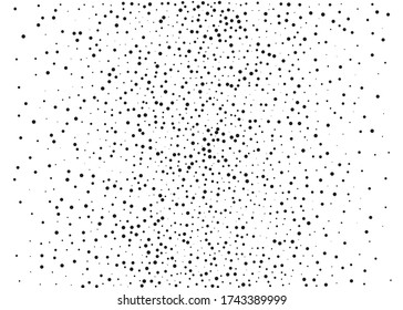 Random halftone. Pointillism style. Background with irregular, chaotic dots, points, circle. Abstract monochrome pattern. Black and white color. Vector illustration
