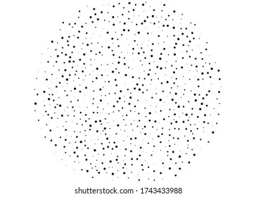 Random halftone. Pointillism style. Background with irregular, chaotic dots, points, circle. Abstract monochrome pattern. Black and white color. Vector illustration