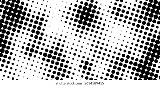 Random halftone. Pointillism style. Background with irregular, chaotic dots, points, circle. Abstract monochrome pattern. Black and white color. Vector illustration