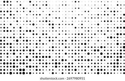 Meio-tom aleatório. Estilo pontilhismo. Fundo com pontos, pontos, círculo irregulares e caóticos. Padrão monocromático abstrato. Cor preta e branca. Ilustração vetorial