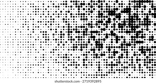 Medio tono aleatorio. Estilo puntillista. Fondo con puntos irregulares, caóticos, puntos, círculo. Abstractas patrón monocromo. Color blanco y negro. Ilustración vectorial eps10