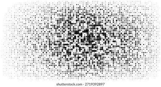 Zufälliger Halbton. Pointillismus Stil. Hintergrund mit unregelmäßigen, chaotischen Punkten, Punkten, Kreis. Abstraktes monochromes Muster. Schwarz-Weiß. Vektorgrafik eps10