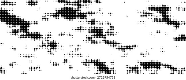 Meio-tom aleatório. Estilo pontilhismo. Fundo com pontos, pontos, círculo irregulares e caóticos. Padrão monocromático abstrato. Cor preta e branca. Ilustração vetorial