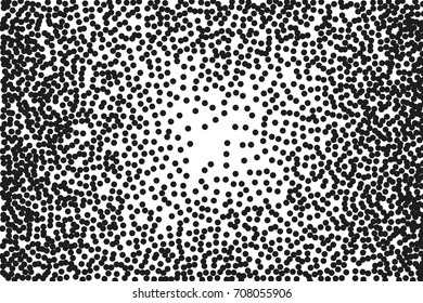 Random halftone. Pointillism style. Background with irregular, chaotic dots, points, circle. Abstract monochrome pattern. Black and white color. Vector illustration