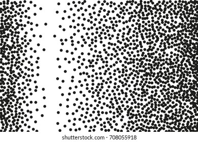 Random halftone. Pointillism style. Background with irregular, chaotic dots, points, circle. Abstract monochrome pattern. Black and white color. Vector illustration